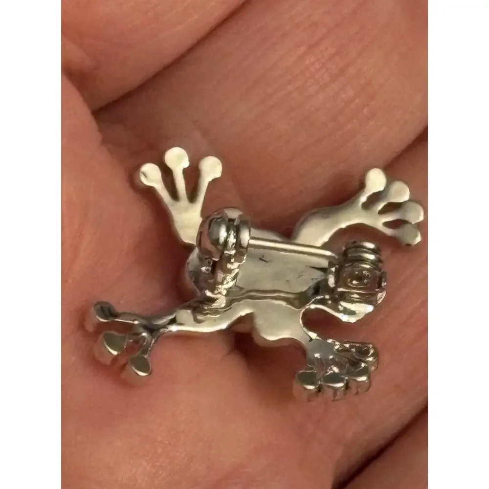 Silver Tone Frog Brooch Green Rhinestone Accent Pin